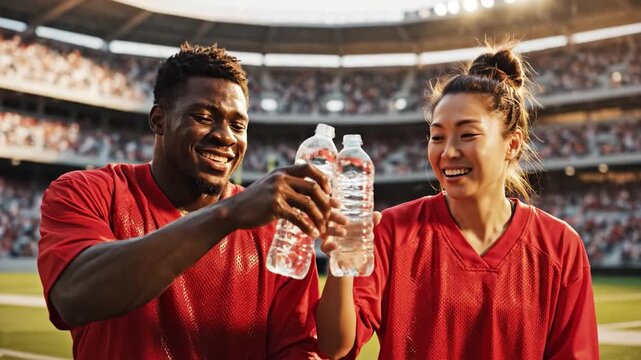 Two athletes in red jerseys drink water and clink bottles in a crowded stadium. It shows teamwork, hydration, and friendship after a game. Perfect for sports and health marketing.