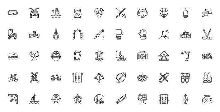 Extreme sports icon set. Minimal vector icon pack. Featuring safety glasses, ATV, windsurf, parachute, helmet, skateboard, skiing and more. Editable stroke.