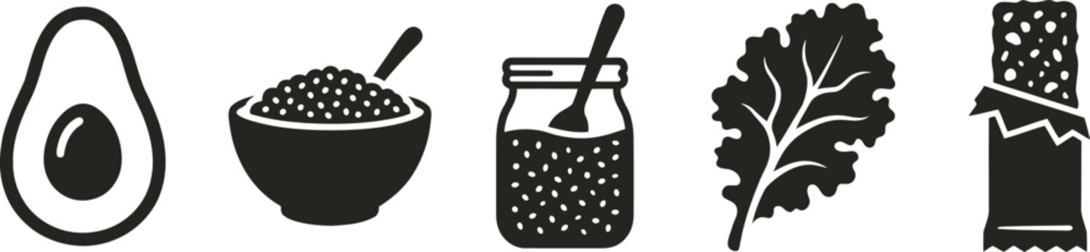 Set of healthy food icons including avocado, bowl of grains, chia seed pudding, kale leaf and granola bar