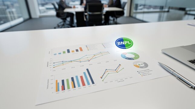 Business meeting analyzing financial data and charts with BNPL logo