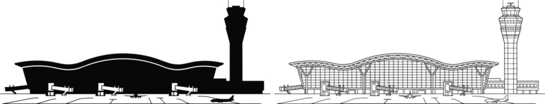 Modern airport terminal building with control tower runway and airplanes silhouette and line art icons isolated on white background