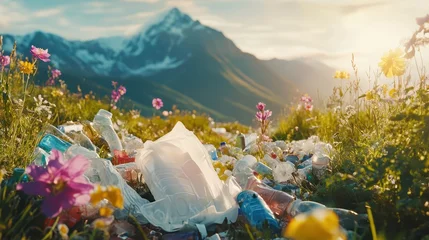 Plastic Waste Polluting Scenic Mountain Trail Amidst Wildflowers and Sunlight © MUHAMMAD