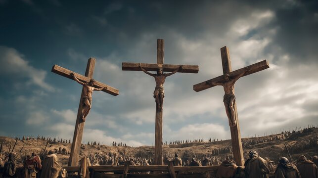 Three crosses rise on Golgotha beneath a cloudy sky, declaring that even in suffering and loss, God&rsquo;s love offers redemption and eternal hope.
