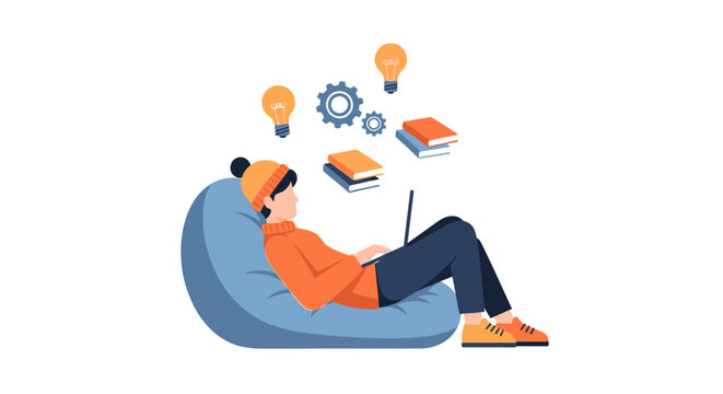 E-learning and Creative Online Education Concept Illustration with Man Working on Laptop