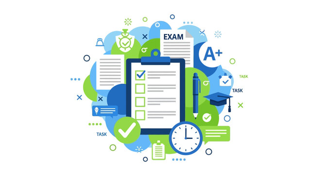 Exam Preparation and Academic Success Vector Illustration - Checklist, Graduation Cap, Clock, and Testing Concept for Education and Productivity