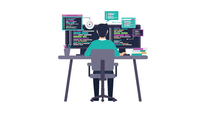 Software Developer or Programmer Working on Code at Multi-Monitor Desk Flat Vector Illustration