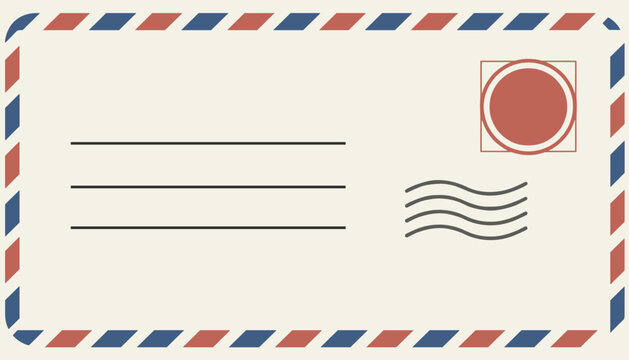 Classic vintage airmail envelope template with a red and blue striped border, address lines, and a round postage stamp design.