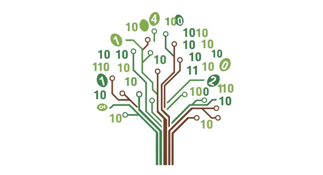Digital Green Technology Tree with Circuit Board Branches and Binary Data Code Representing Sustainable Growth and Artificial Intelligence