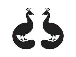 Fototapeta premium Two elegant peacocks facing each other during a symmetrical display in silhouette vector style isolated on white background