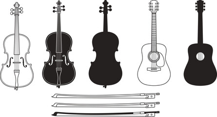 Set of acoustic musical string instruments including guitar cello violin and fiddle bows icons isolated on white background © MdShahadot