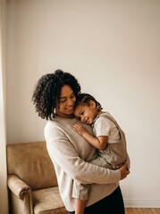 Obraz premium Tender Moment Between Mother and Child in Casual Neutral Clothing