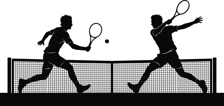 Tennis players action black silhouettes vector featuring male athletes playing match with rackets ball and net on image_63798b.png