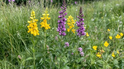 Fototapeta premium Vibrant purple and yellow lupine flowers blooming in a sunny meadow during summer