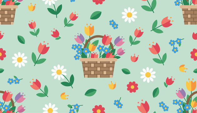 Whimsical seamless pattern showing wooden baskets filled with colorful spring tulips and daisies on a light green background.