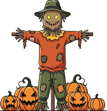 Scarecrow stands in a patch of carved jack-o'-lantern pumpkins with glowing eyes and jagged smiles to celebrate the autumn harvest season.