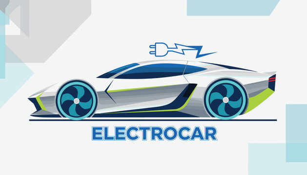 Futuristic silver electrocar concept banner showing a sleek modern electric sports car with a lightning plug icon.
