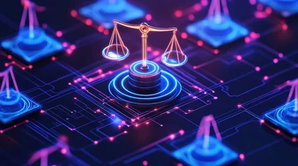 Symbolic balance of justice on a digital circuit board representing cybersecurity law and technology © MUHAMMAD