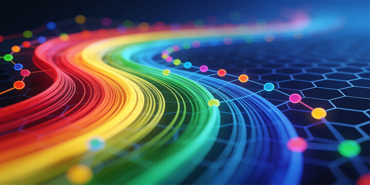 Colorful Rainbow Fiber Optic Cable Wave on Dark Background with Hexagon Network Pattern