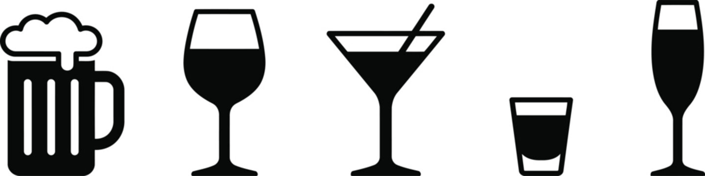 Set of alcoholic drinks icons, beer mug, wine glass, cocktail, shot glass and champagne flute, vector illustration