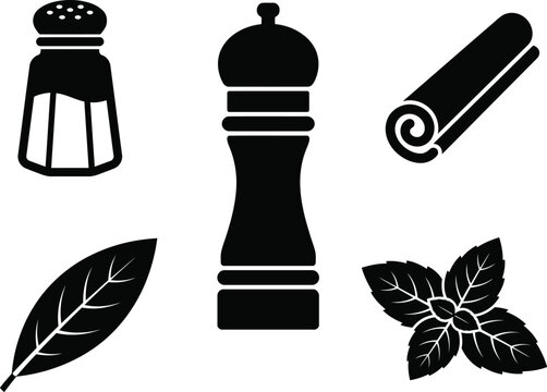 Set of kitchen spices and herbs icons including salt shaker, pepper mill, cinnamon stick, bay leaf and mint leaves