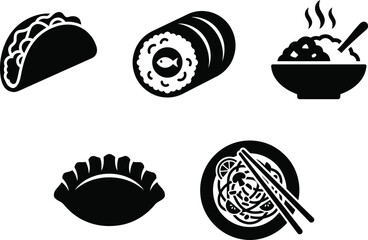 Collection of international food icons taco, sushi roll, steaming rice bowl, dumpling, and noodles with chopsticks © Top Stock