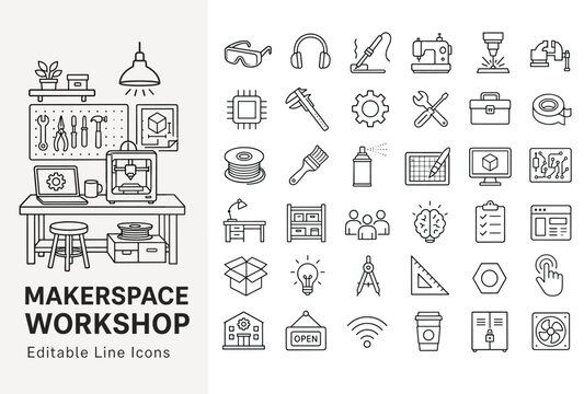 Comprehensive set of line icons for makerspace, workshop, DIY, and creative technology projects