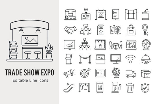 Trade Show Expo Editable Line Icons Set: Business Event, Marketing, Exhibition, and Conference Symbols