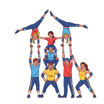 Teamwork: Acrobats Forming a House Shape, Isolated on White