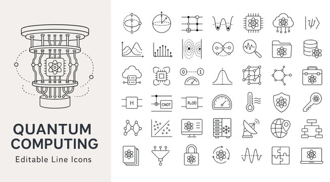 Quantum Computing Editable Line Icons Set for Science and Technology Concepts
