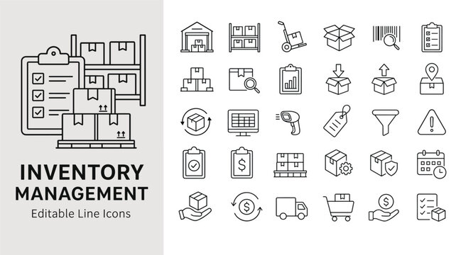 Set of inventory management and logistics line icons for business, supply chain, and warehouse operations