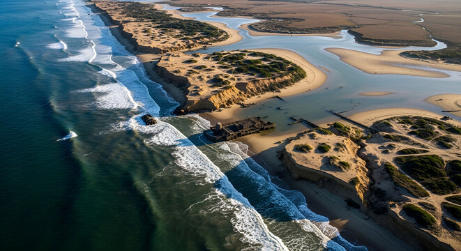 Aerial view of a dramatic coastal landscape with ocean waves beach cliffs sand dunes and a river estuary featuring an old structure