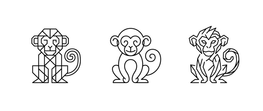 Three stylized monkey line drawings geometric outline and playful character illustrations