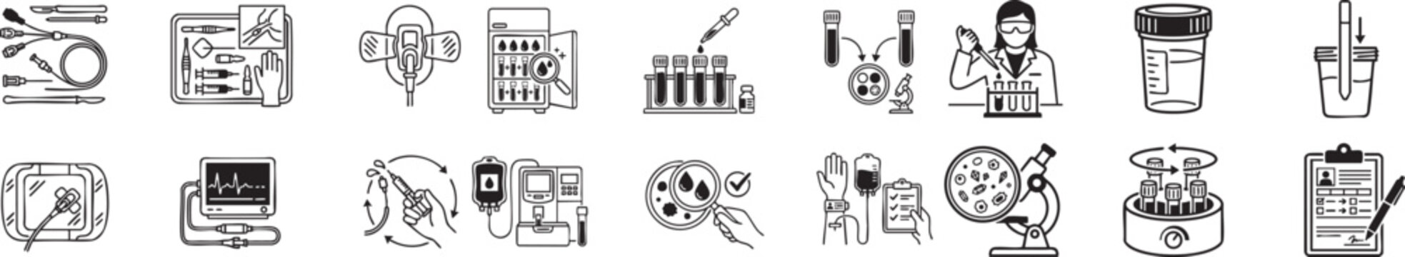 Medical lab equipment and research icons for science and healthcare industry, including microscope, test tubes, blood tests and DNA