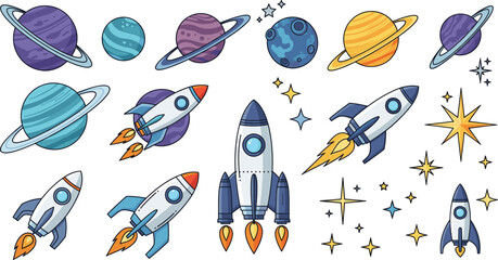 Colorful space rockets, planets, galaxy stars, cosmic exploration, astronomy universe design, futuristic outer space elements, vector illustration © allustra
