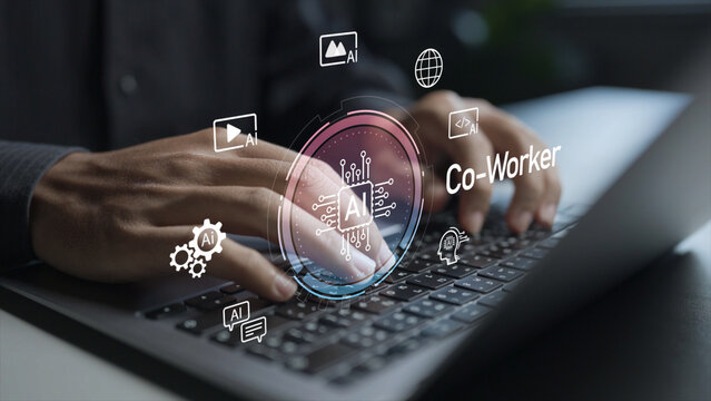 Artificial intelligence co worker platform concept. Person using laptop with AI assistant and workflow icons, human and AI collaboration, intelligent support and digital workplace solutions.