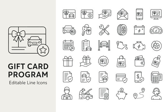Car service gift card program line icons set for automotive loyalty, auto repair discount, and vehicle maintenance rewards