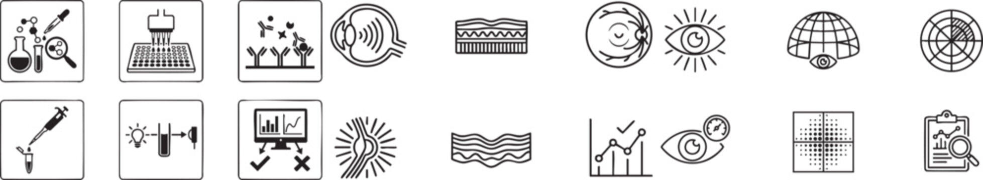 Laboratory science icons featuring biological research equipment and laboratory testing procedures with microscope slides and medical analysis symbols