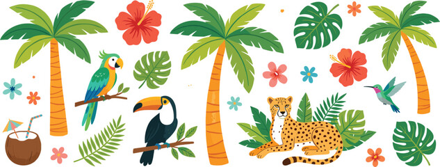 Obraz premium Colorful tropical animals and plants illustration set