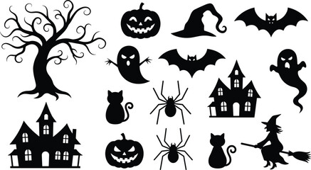 Fototapeta premium Halloween silhouettes with haunted houses, ghosts, pumpkins, bats, witch, cats, spiders, and spooky tree illustration