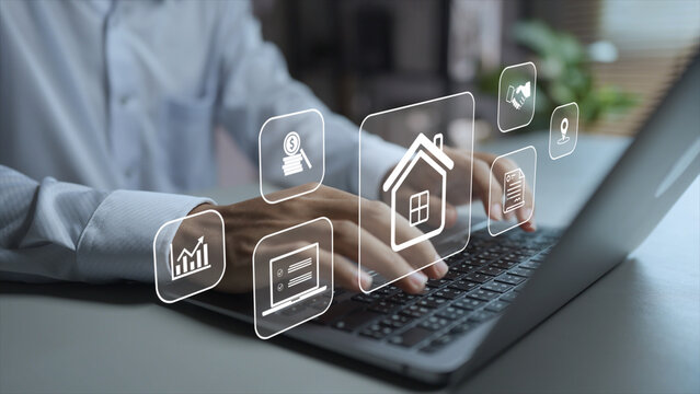 Property management with real estate operations concept. Person using laptop with property and management icons, real estate administration, tenant management and facility operations.