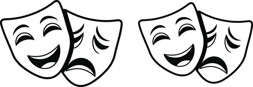 Comedy and tragedy masks vector illustration, classic theater drama icons, performing arts symbols, emotional stage expression design, black outline