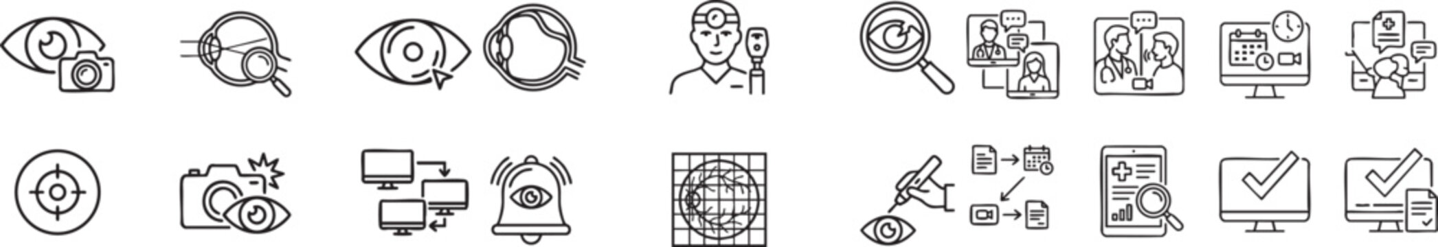 Ophthalmology and telemedicine icons set including eye exams vision testing digital health consultations and optometry medical diagnostics collection