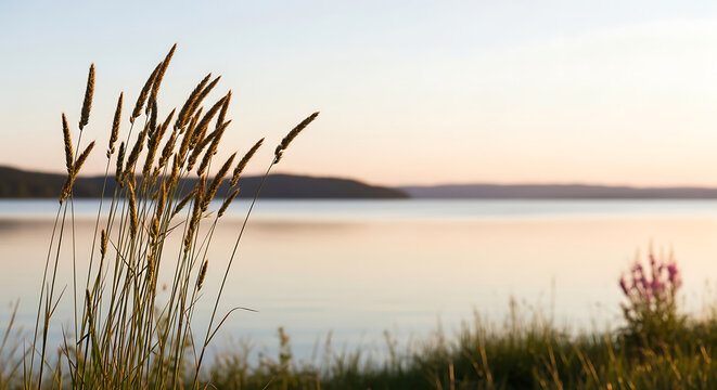 Tall wild grass stems silhouetted against a calm lake at sunrise with landscape tranquil sunlight outdoors botanical peaceful environment reflection