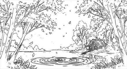 Obraz premium A serene lake scene with a small house surrounded by trees on the waters edge in hand drawing style.