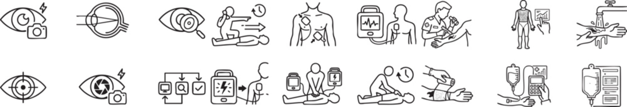 Medical eye examination icon set for healthcare diagnosis vision care and treatment patient health monitoring ophthalmology clinic