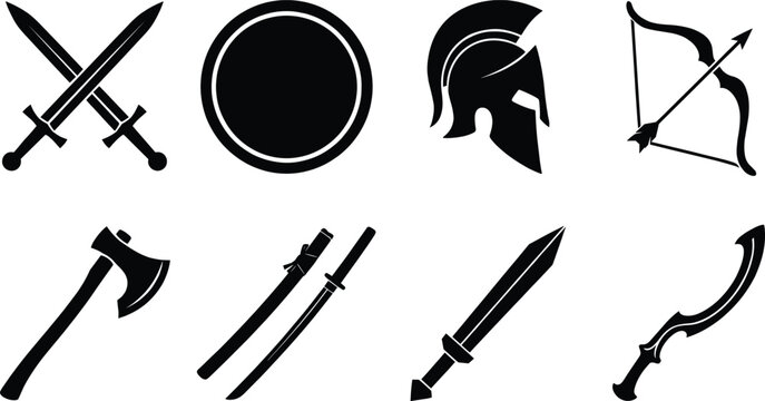 Ancient warrior weapons and armor silhouette vector set isolated on a white background