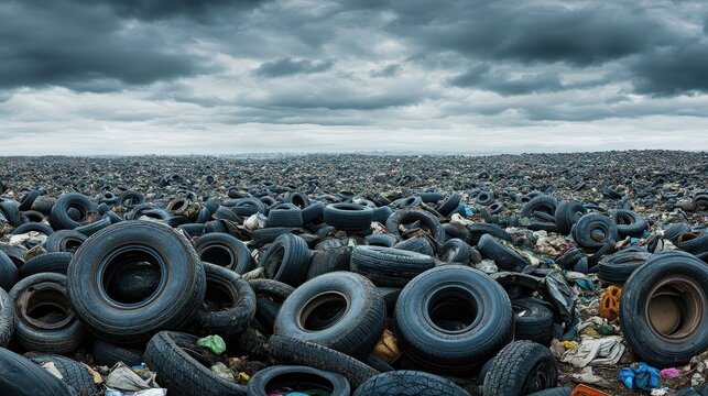 Vast landfill overflowing with discarded tires and machinery parts under an overcast sky