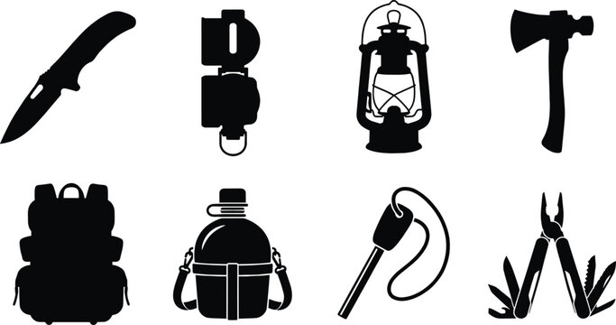 Camping and outdoor survival gear black silhouette icon set isolated on white background