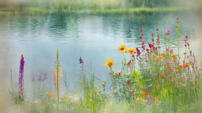 Vibrant Riverside Blooms and Lush Greenery Flourish Beside a Tranquil Body of Water