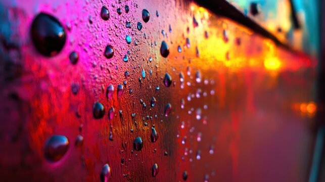 Vibrant Water Droplets on a Textured Metal Surface with Colorful Reflections